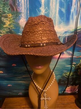 Women’s Brown Straw Western Cowboy Hat with Bead Trim